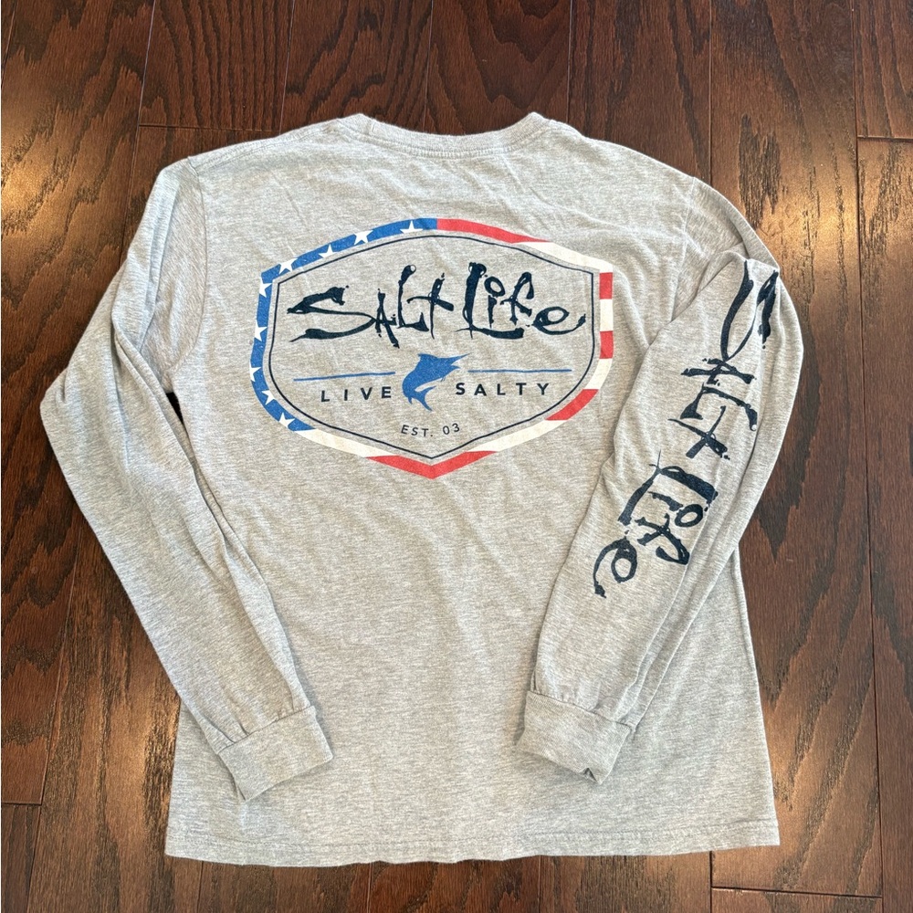 Salt Life Live Salty Men’s Gray Cotton Long Sleeve T-Shirt Small Patriotic Print